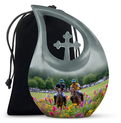 Silver Gray Horse Polo Cremation Urn top-down view of secure threaded lid - sacred cross merged with horse polo motif on metal - full-size 10 inch 200 cubic inch adult cremation urn