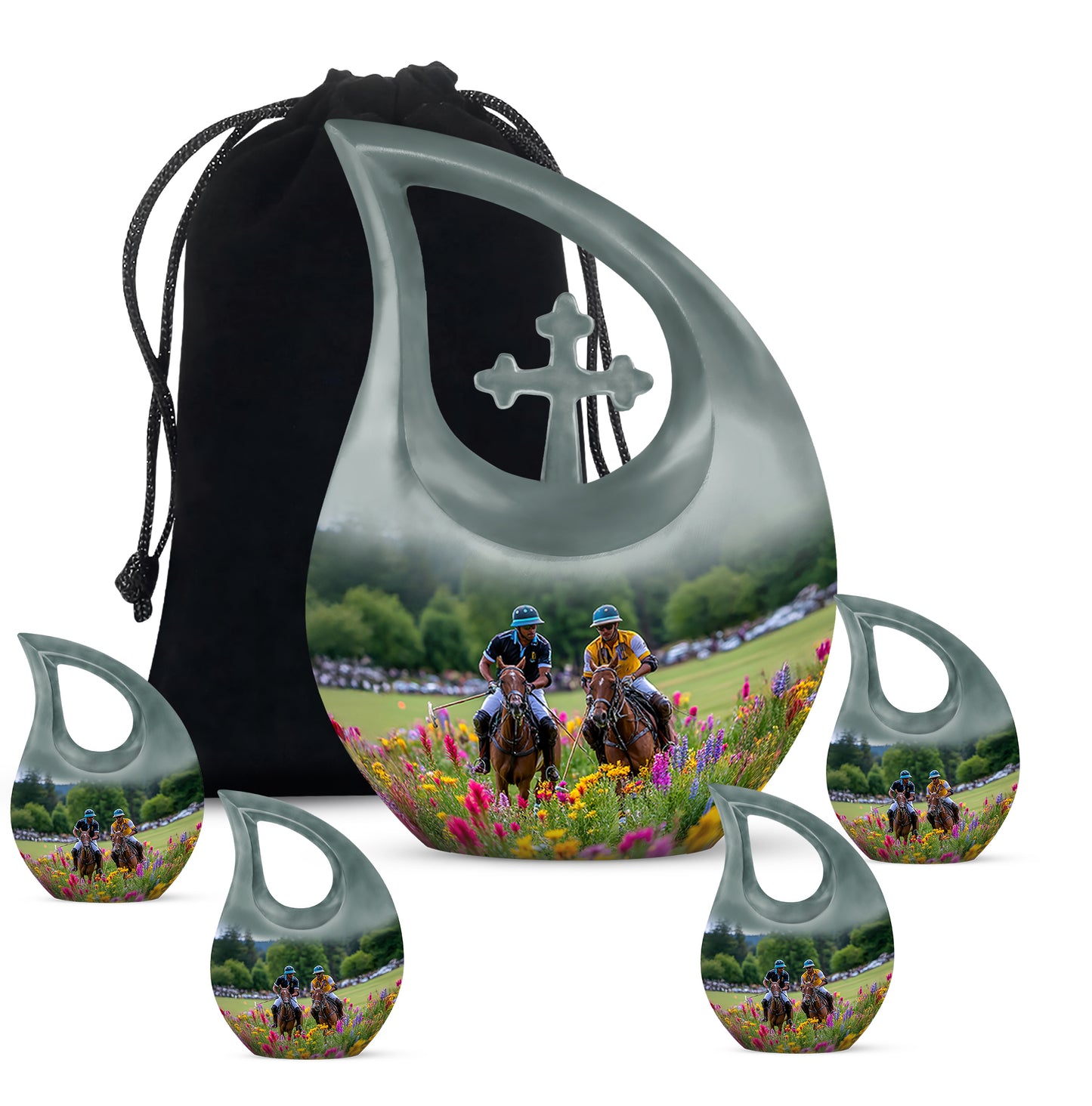 Smoke Gray Horse Polo Cremation Urn urn with complimentary velvet bag - faith-inspired cross-drop urn with horse polo pattern - memorial set with one large and four small urns