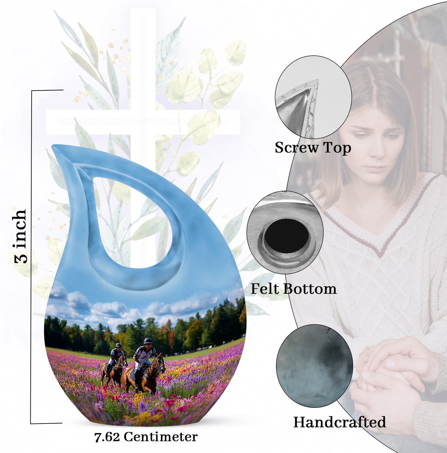 Vivid Blue Horse Polo Cremation Urn back view with polished surface - devotional cross-drop horse polo engraving - mini keepsake memorial for portion of cremation ashes