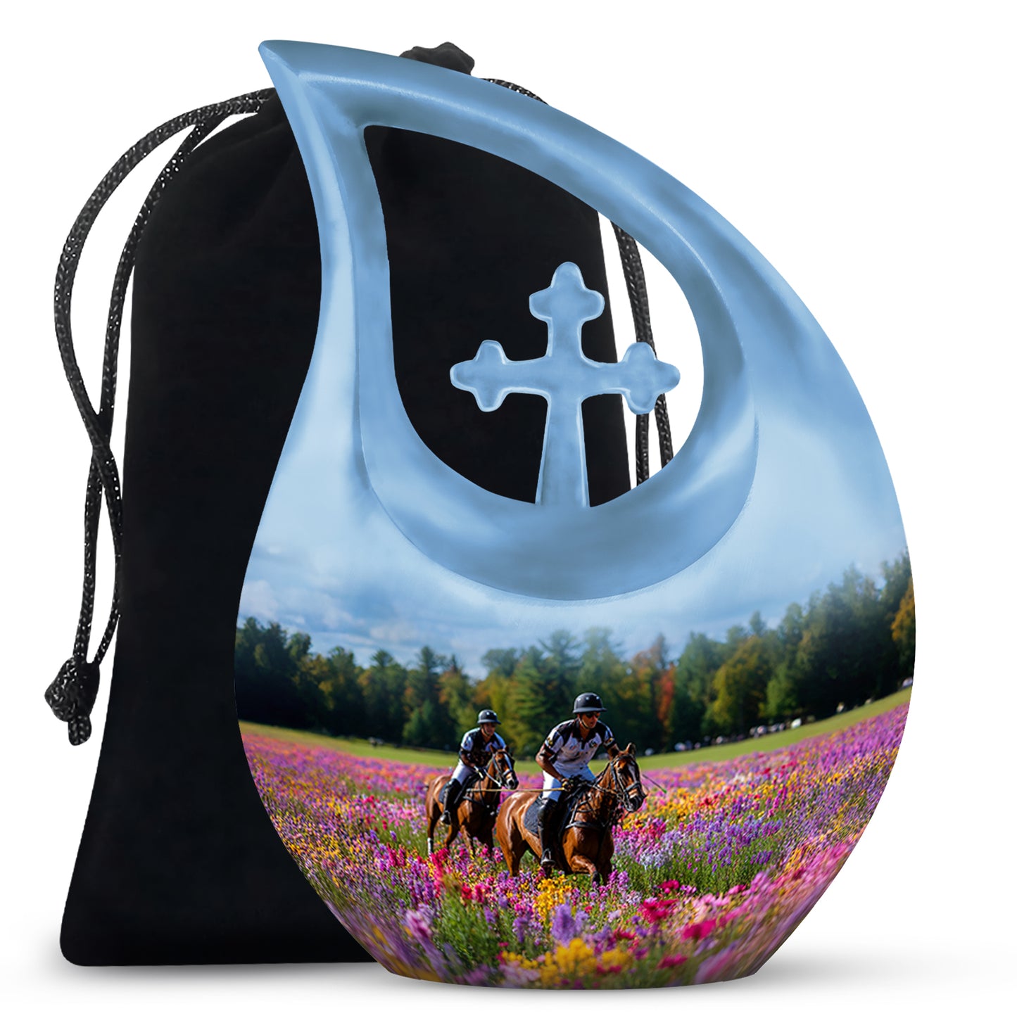 Icy Blue Horse Polo Cremation Urn top-down view of secure threaded lid - sacred cross merged with horse polo motif on metal - full-size 10 inch 200 cubic inch adult cremation urn