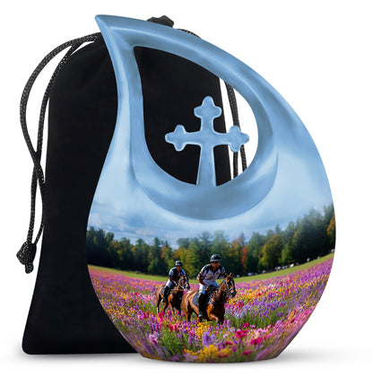 Icy Blue Horse Polo Cremation Urn top-down view of secure threaded lid - sacred cross merged with horse polo motif on metal - full-size 10 inch 200 cubic inch adult cremation urn