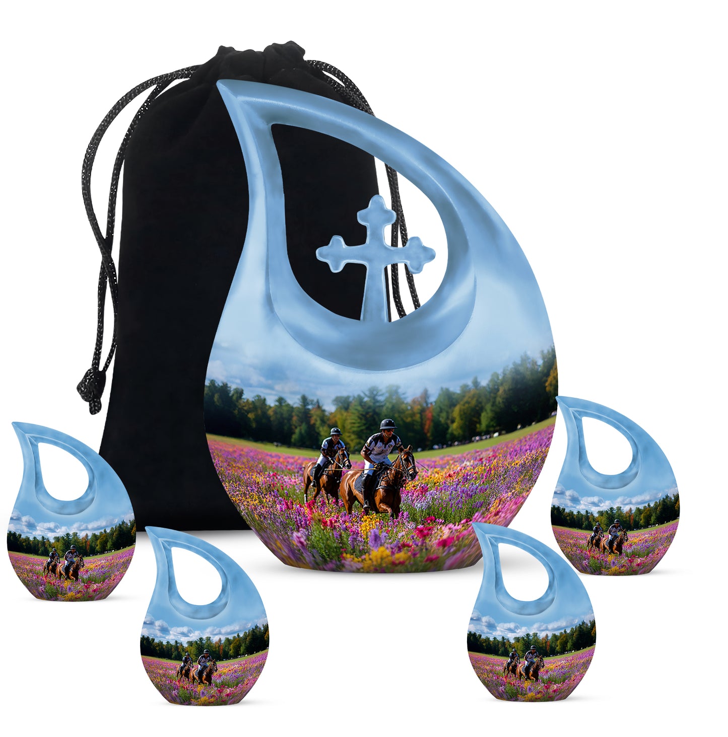 Icy Blue Horse Polo Cremation Urn urn with complimentary velvet bag - sacred cross merged with horse polo motif on metal - memorial set with one large and four small urns