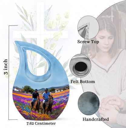 Icy Blue Horse Polo Cremation Urn back view with polished surface - cross and horse polo combined in spiritual memorial design - mini keepsake memorial for portion of cremation ashes