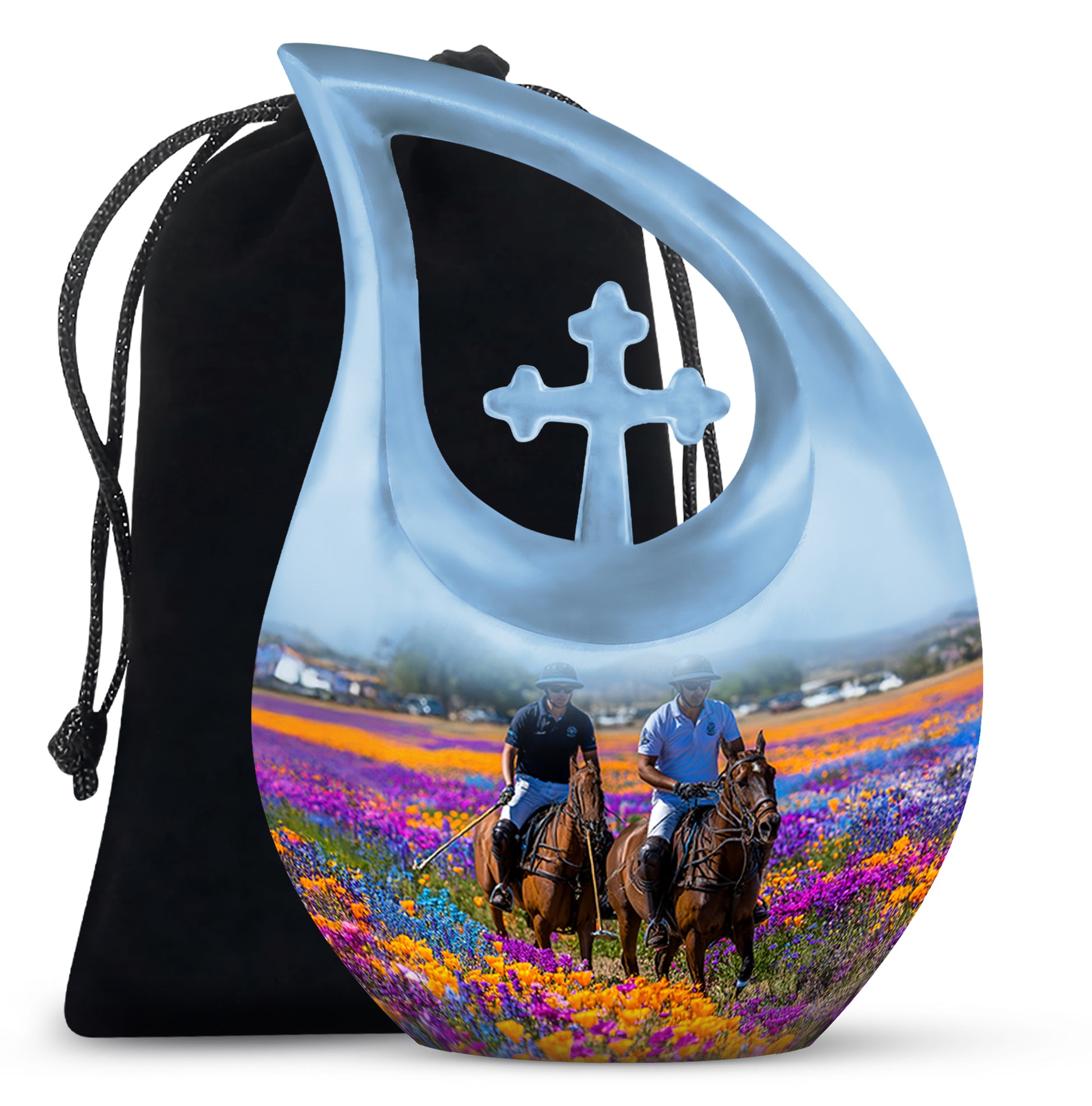 Sky Blue Horse Polo Cremation Urn top-down view of secure threaded lid - cross and horse polo combined in spiritual memorial design - full-size 10 inch 200 cubic inch adult cremation urn