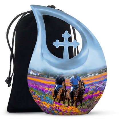 Sky Blue Horse Polo Cremation Urn top-down view of secure threaded lid - cross and horse polo combined in spiritual memorial design - full-size 10 inch 200 cubic inch adult cremation urn