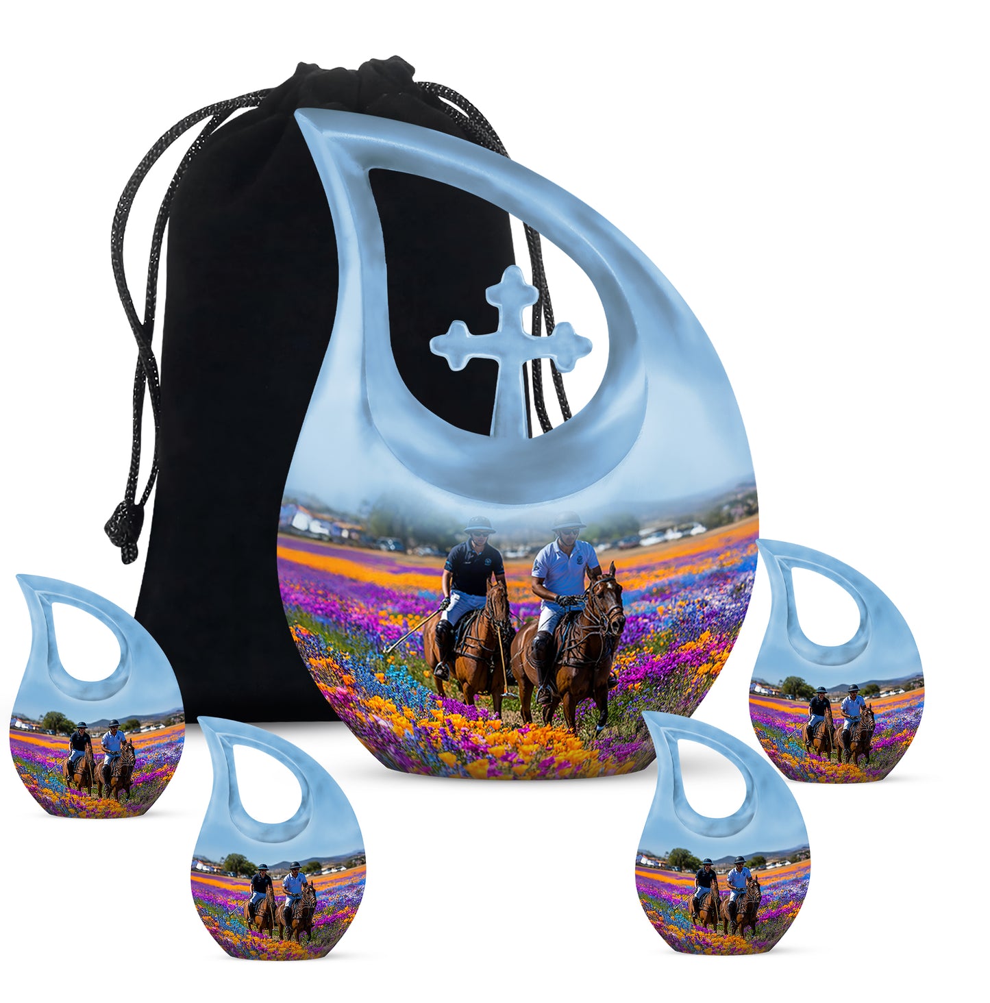 Pastel Blue Horse Polo Cremation Urn urn with complimentary velvet bag - sacred cross merged with horse polo motif on metal - memorial set with one large and four small urns