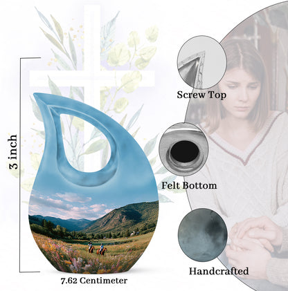 Misty Blue Horse Polo Cremation Urn back view with polished surface - sacred cross merged with horse polo motif on metal - mini keepsake memorial for portion of cremation ashes
