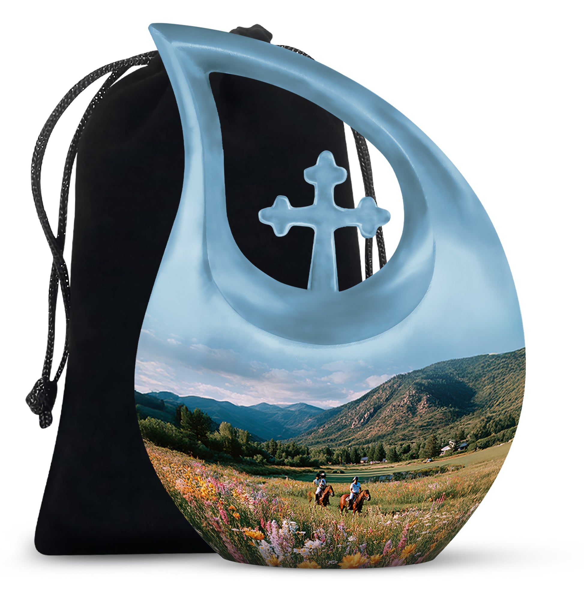 Sky Blue Horse Polo Cremation Urn top-down view of secure threaded lid - cross and horse polo combined in spiritual memorial design - full-size 10 inch 200 cubic inch adult cremation urn