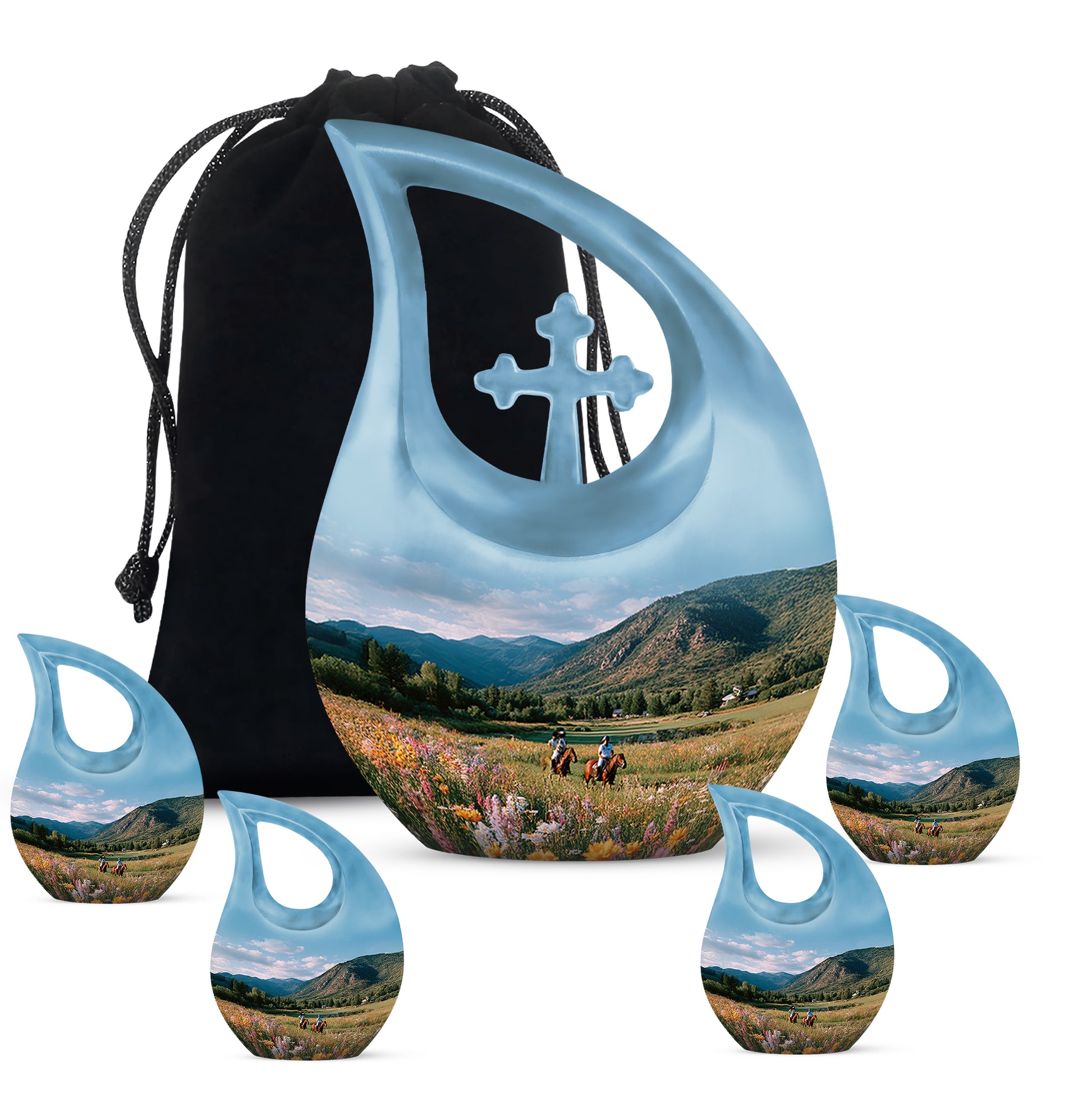 Pastel Blue Horse Polo Cremation Urn urn with complimentary velvet bag - sacred cross merged with horse polo motif on metal - memorial set with one large and four small urns