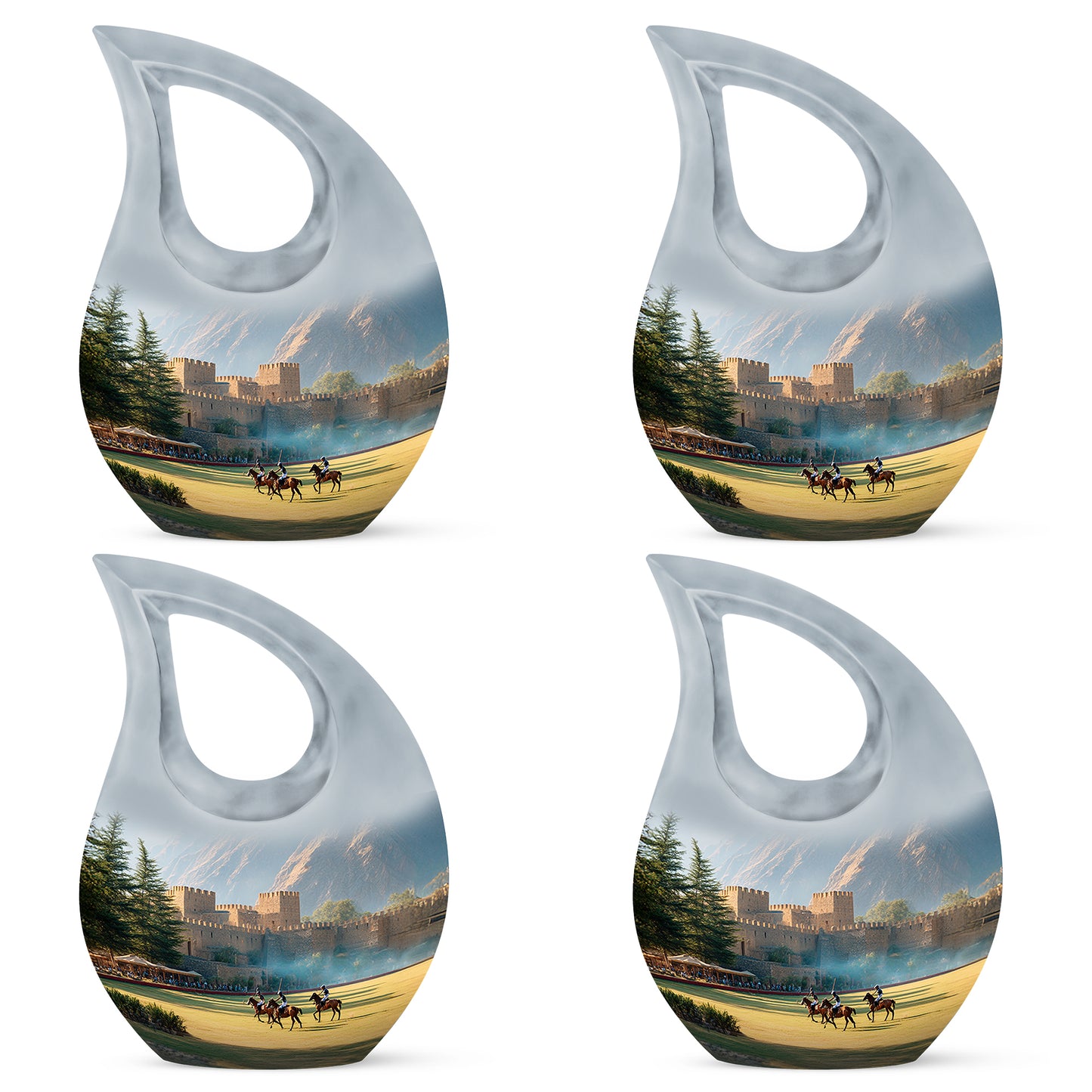 Brushed Silver Horse Polo Cremation Urn lifestyle display on memorial shelf - sacred cross merged with horse polo motif on metal - 10 inch aluminum urn for cremated remains