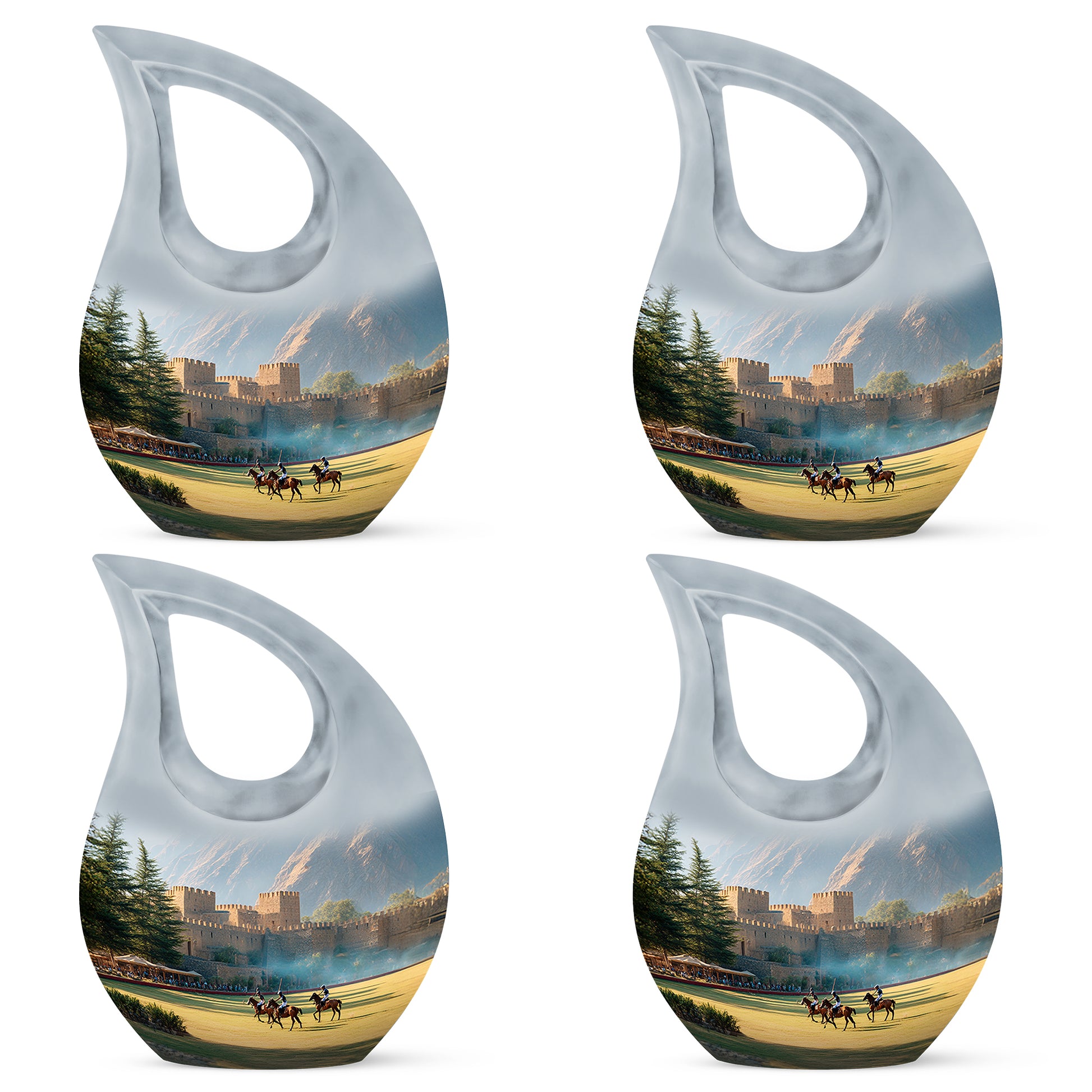 Brushed Silver Horse Polo Cremation Urn lifestyle display on memorial shelf - sacred cross merged with horse polo motif on metal - 10 inch aluminum urn for cremated remains