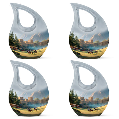 Brushed Silver Horse Polo Cremation Urn lifestyle display on memorial shelf - sacred cross merged with horse polo motif on metal - 10 inch aluminum urn for cremated remains