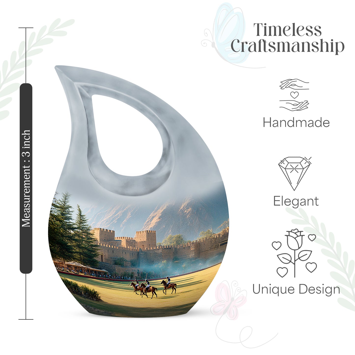 Satin Silver Horse Polo Cremation Urn back view with polished surface - sacred cross merged with horse polo motif on metal - mini keepsake memorial for portion of cremation ashes