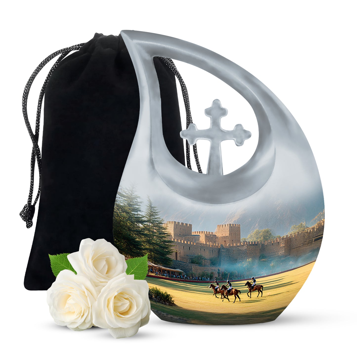 Chrome Silver Horse Polo Cremation Urn top-down view of secure threaded lid - devotional cross-drop horse polo engraving - full-size 10 inch 200 cubic inch adult cremation urn