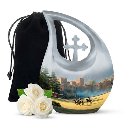 Chrome Silver Horse Polo Cremation Urn top-down view of secure threaded lid - devotional cross-drop horse polo engraving - full-size 10 inch 200 cubic inch adult cremation urn
