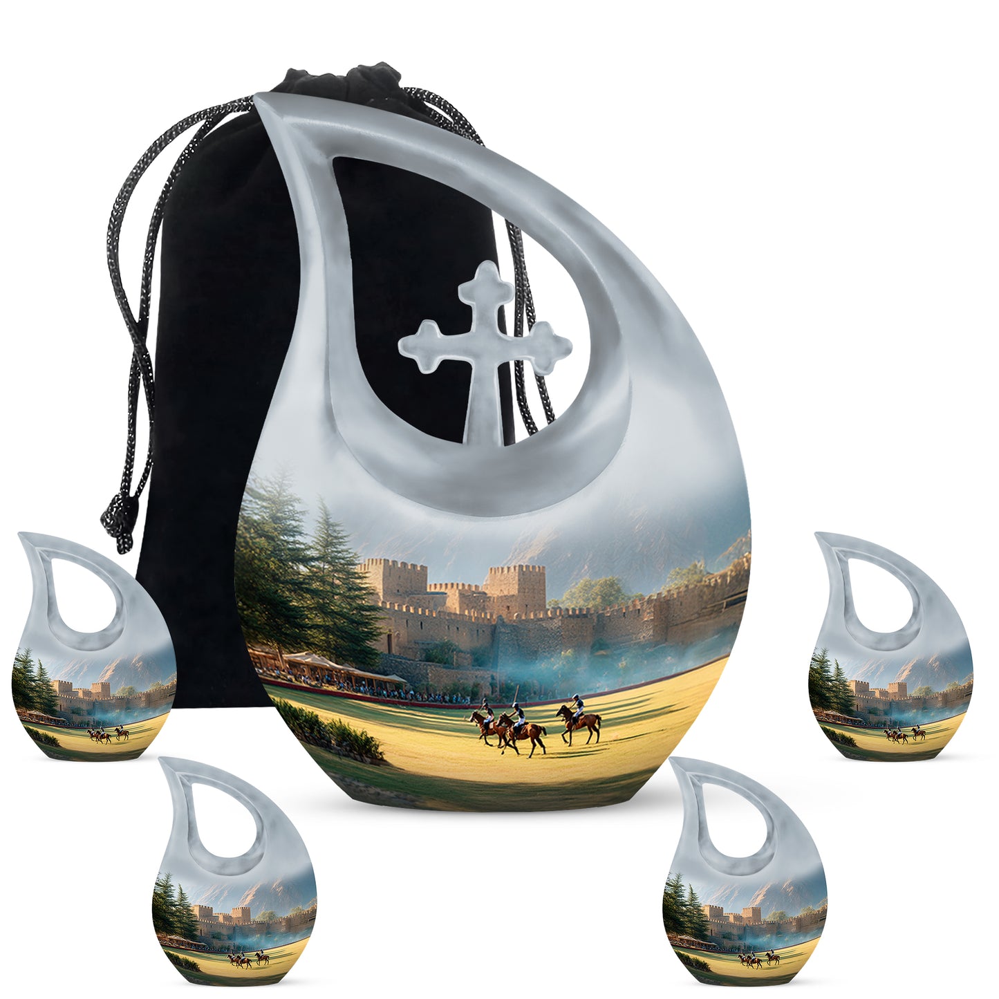 Moonlight Silver Horse Polo Cremation Urn urn with complimentary velvet bag - devotional cross-drop horse polo engraving - memorial set with one large and four small urns