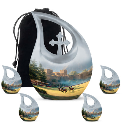 Moonlight Silver Horse Polo Cremation Urn urn with complimentary velvet bag - devotional cross-drop horse polo engraving - memorial set with one large and four small urns