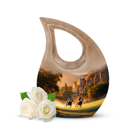 Personalized Gold Steadfast Horse Polo Cremation Urns for Human Ashes - 10-inch, 200 cu in - Yatskia