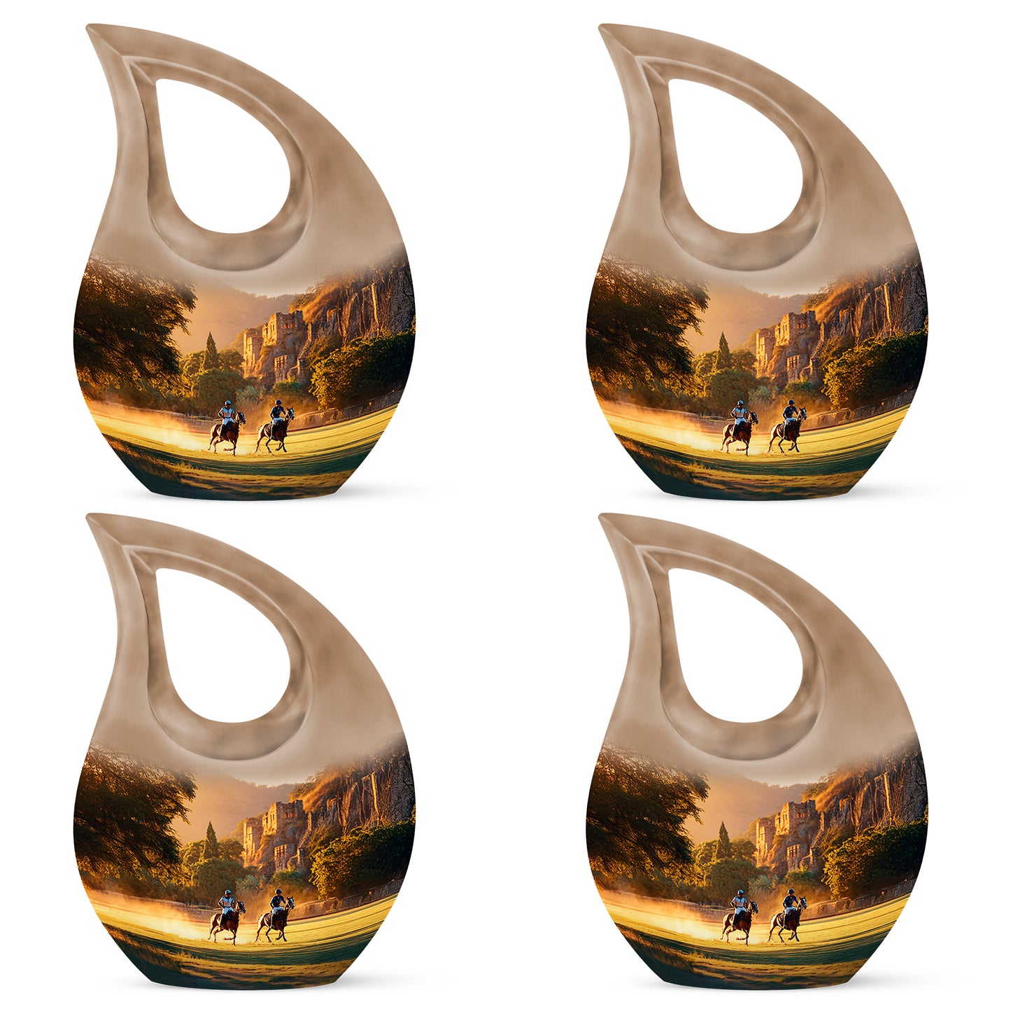 Royal Gold Horse Polo Cremation Urn lifestyle display on memorial shelf - faith-inspired cross-drop urn with horse polo pattern - 10 inch aluminum urn for cremated remains
