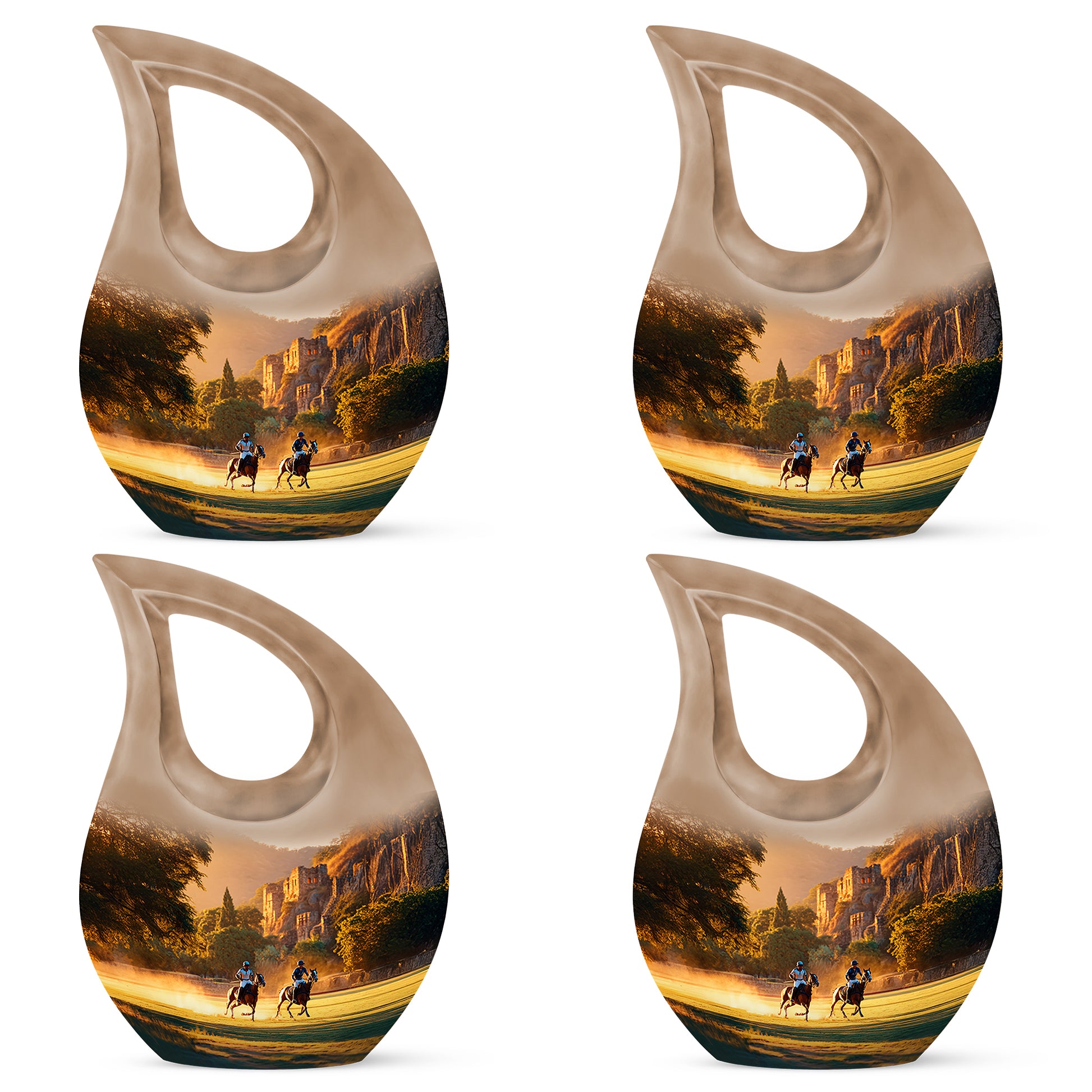Royal Gold Horse Polo Cremation Urn lifestyle display on memorial shelf - faith-inspired cross-drop urn with horse polo pattern - 10 inch aluminum urn for cremated remains