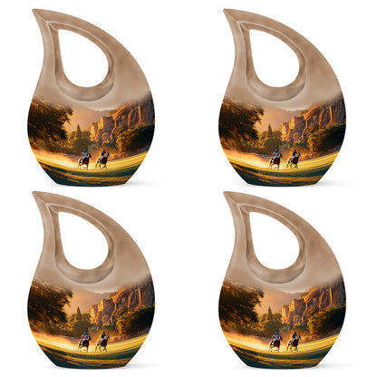 Royal Gold Horse Polo Cremation Urn lifestyle display on memorial shelf - faith-inspired cross-drop urn with horse polo pattern - 10 inch aluminum urn for cremated remains