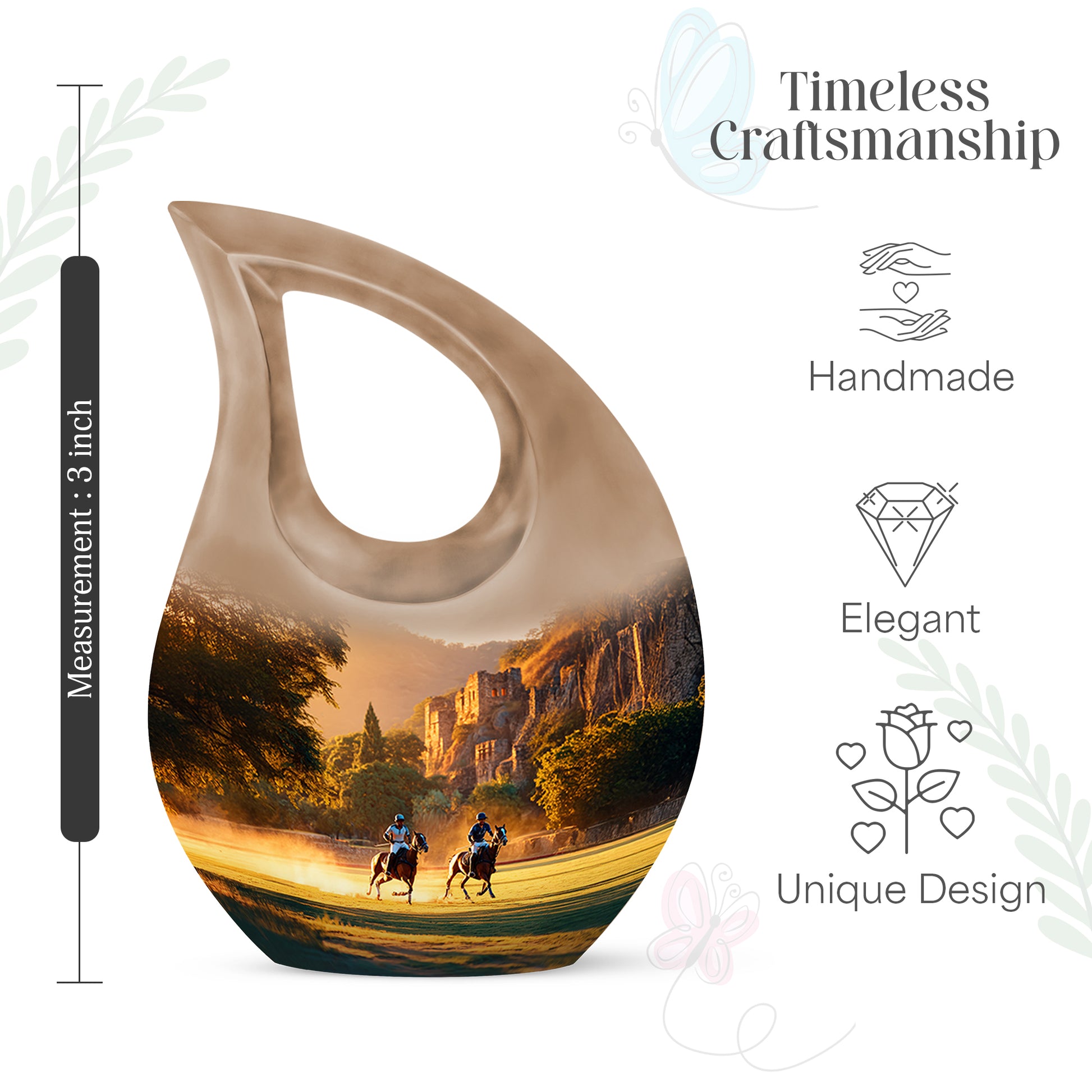 Antique Gold Horse Polo Cremation Urn back view with polished surface - sacred cross merged with horse polo motif on metal - mini keepsake memorial for portion of cremation ashes