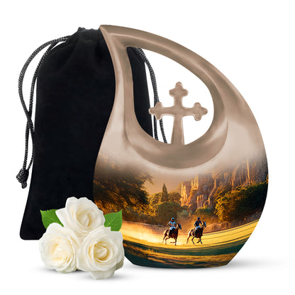 Gilded Gold Horse Polo Cremation Urn top-down view of secure threaded lid - cross and horse polo combined in spiritual memorial design - full-size 10 inch 200 cubic inch adult cremation urn