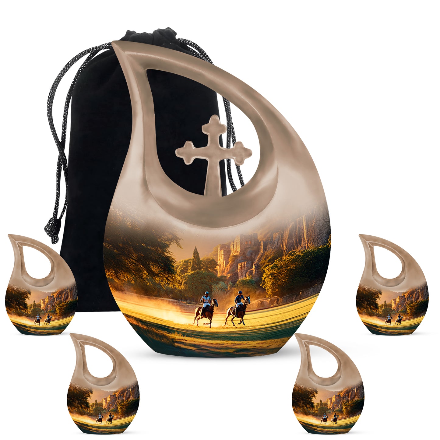 Amber Gold Horse Polo Cremation Urn urn with complimentary velvet bag - cross and horse polo combined in spiritual memorial design - memorial set with one large and four small urns