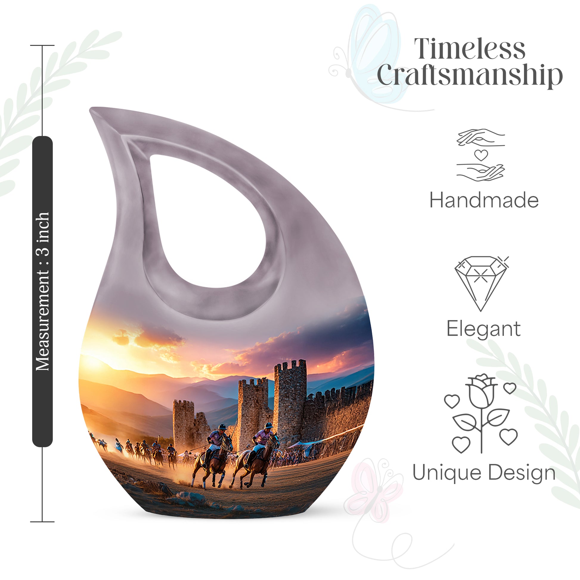 Storm Gray Horse Polo Cremation Urn back view with polished surface - faith-inspired cross-drop urn with horse polo pattern - mini keepsake memorial for portion of cremation ashes