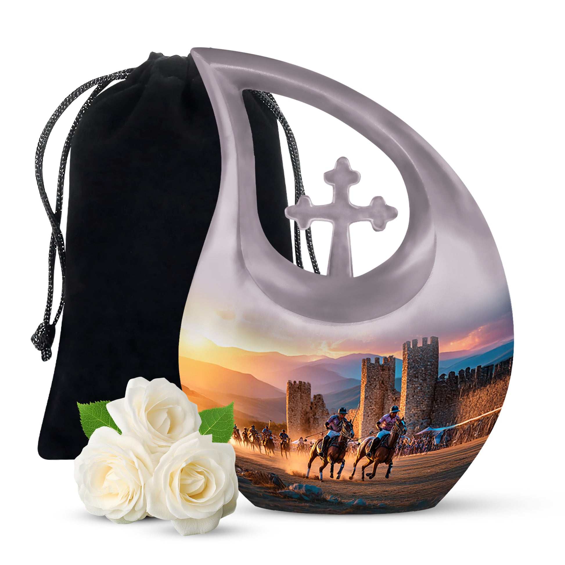Ash Gray Horse Polo Cremation Urn top-down view of secure threaded lid - devotional cross-drop horse polo engraving - full-size 10 inch 200 cubic inch adult cremation urn