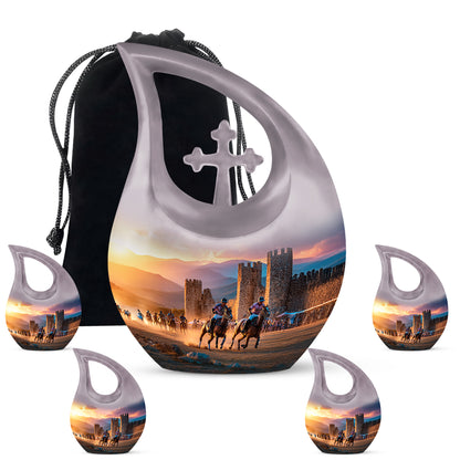 Charcoal Gray Horse Polo Cremation Urn urn with complimentary velvet bag - sacred cross merged with horse polo motif on metal - memorial set with one large and four small urns