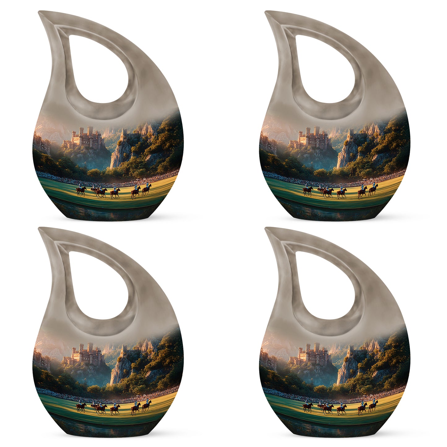 Royal Gold Horse Polo Cremation Urn lifestyle display on memorial shelf - faith-inspired cross-drop urn with horse polo pattern - 10 inch aluminum urn for cremated remains