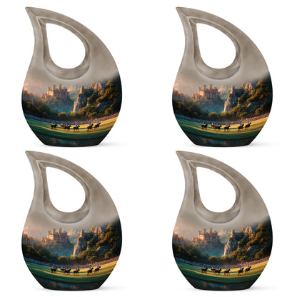 Royal Gold Horse Polo Cremation Urn lifestyle display on memorial shelf - faith-inspired cross-drop urn with horse polo pattern - 10 inch aluminum urn for cremated remains