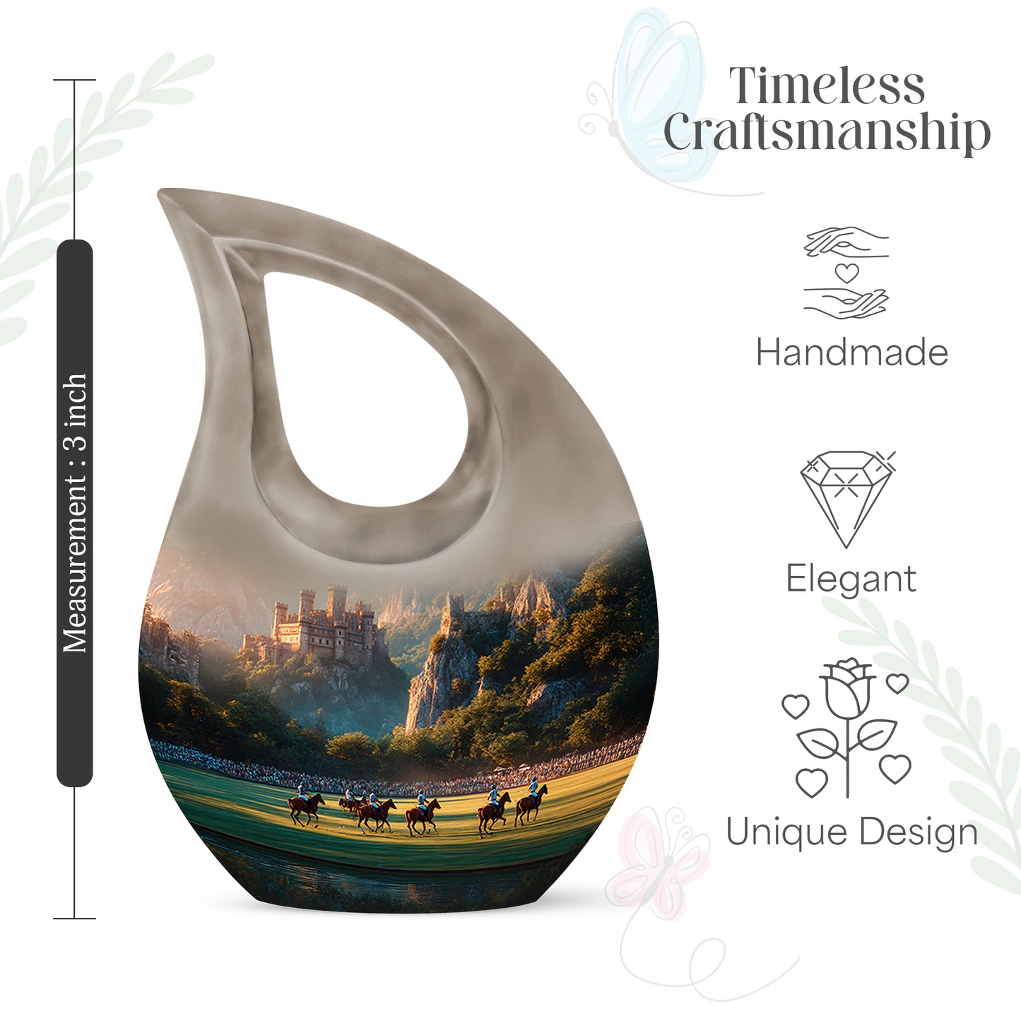 Gilded Gold Horse Polo Cremation Urn back view with polished surface - cross and horse polo combined in spiritual memorial design - mini keepsake memorial for portion of cremation ashes