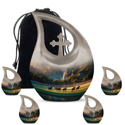 Harvest Gold Horse Polo Cremation Urn urn with complimentary velvet bag - faith-inspired cross-drop urn with horse polo pattern - memorial set with one large and four small urns