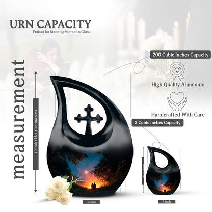 Deep Teal Campfire Cremation Urn back view with polished surface - devotional cross-drop campfire engraving - mini keepsake memorial for portion of cremation ashes