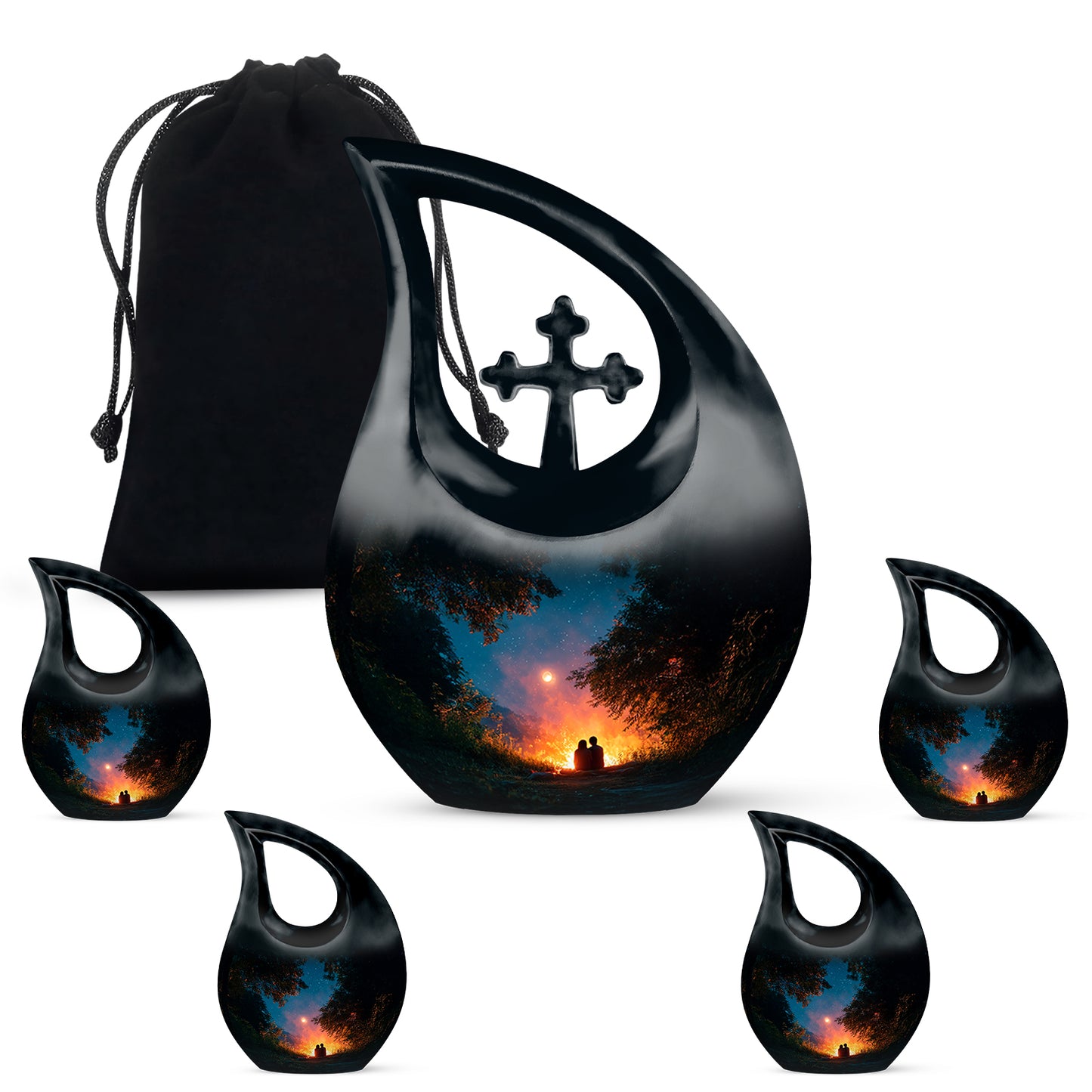 Aqua Teal Campfire Cremation Urn urn with complimentary velvet bag - devotional cross-drop campfire engraving - memorial set with one large and four small urns