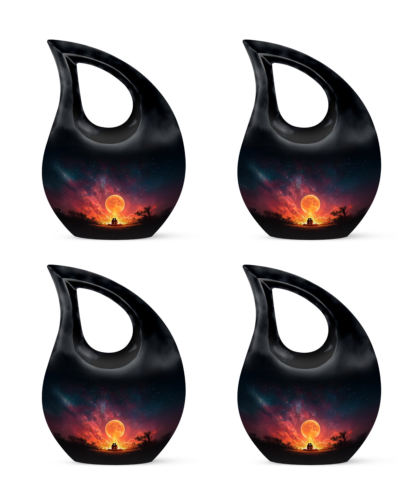 Jet Black Campfire Cremation Urn lifestyle display on memorial shelf - sacred cross merged with campfire motif on metal - 10 inch aluminum urn for cremated remains