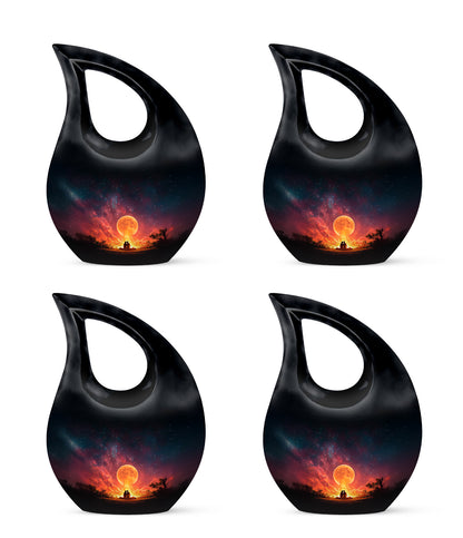 Jet Black Campfire Cremation Urn lifestyle display on memorial shelf - sacred cross merged with campfire motif on metal - 10 inch aluminum urn for cremated remains
