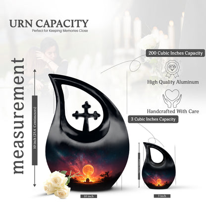 Ebony Campfire Cremation Urn back view with polished surface - sacred cross merged with campfire motif on metal - mini keepsake memorial for portion of cremation ashes