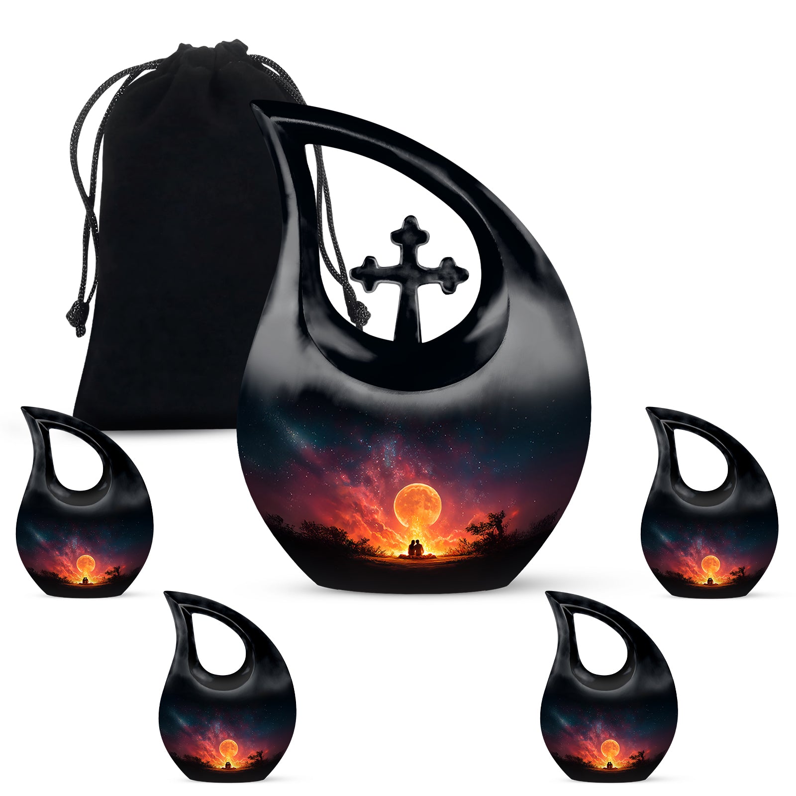 Deep Black Campfire Cremation Urn urn with complimentary velvet bag - cross and campfire combined in spiritual memorial design - memorial set with one large and four small urns