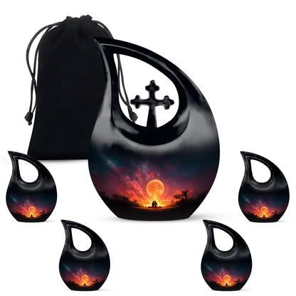 Deep Black Campfire Cremation Urn urn with complimentary velvet bag - cross and campfire combined in spiritual memorial design - memorial set with one large and four small urns