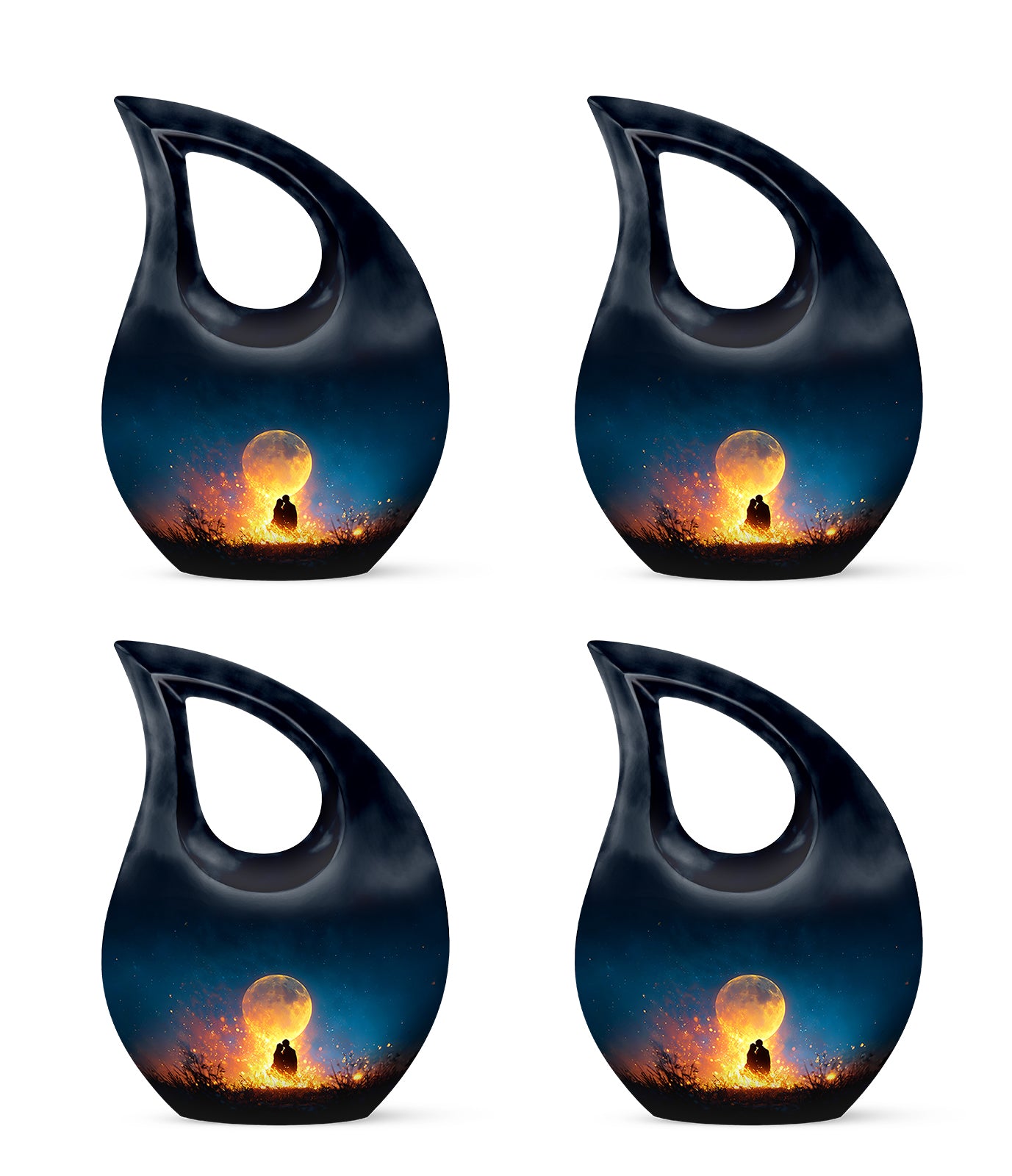 Bright Blue Campfire Cremation Urn lifestyle display on memorial shelf - faith-inspired cross-drop urn with campfire pattern - 10 inch aluminum urn for cremated remains