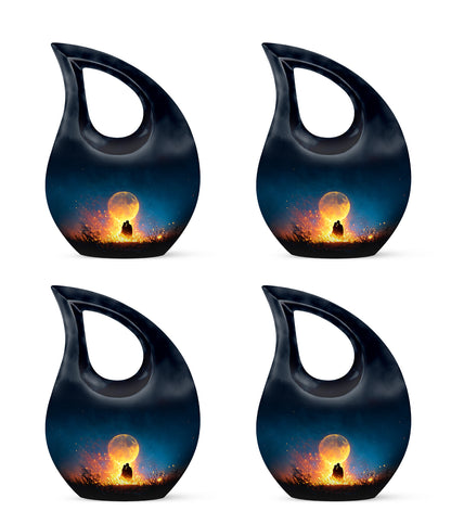 Bright Blue Campfire Cremation Urn lifestyle display on memorial shelf - faith-inspired cross-drop urn with campfire pattern - 10 inch aluminum urn for cremated remains