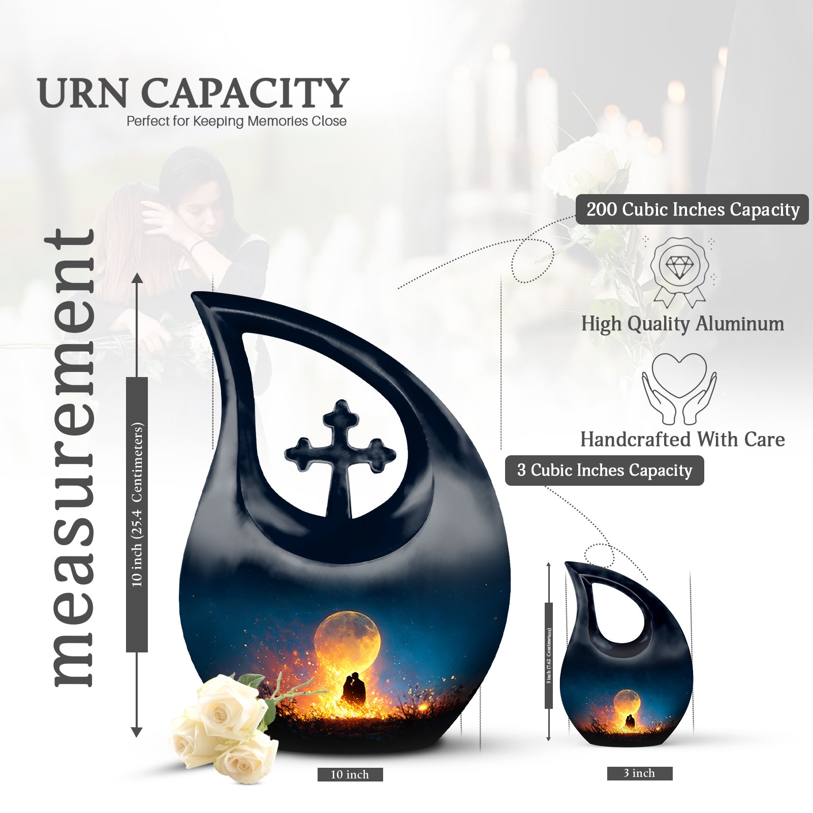 Powder Blue Campfire Cremation Urn back view with polished surface - sacred cross merged with campfire motif on metal - mini keepsake memorial for portion of cremation ashes