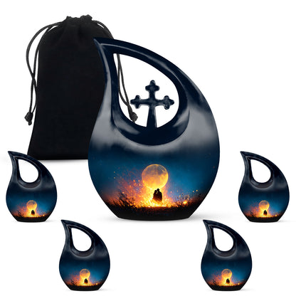 Pastel Blue Campfire Cremation Urn urn with complimentary velvet bag - sacred cross merged with campfire motif on metal - memorial set with one large and four small urns