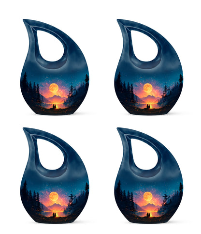 Cobalt Blue Campfire Cremation Urn lifestyle display on memorial shelf - faith-inspired cross-drop urn with campfire pattern - 10 inch aluminum urn for cremated remains