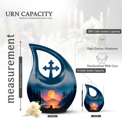 Royal Blue Campfire Cremation Urn back view with polished surface - devotional cross-drop campfire engraving - mini keepsake memorial for portion of cremation ashes