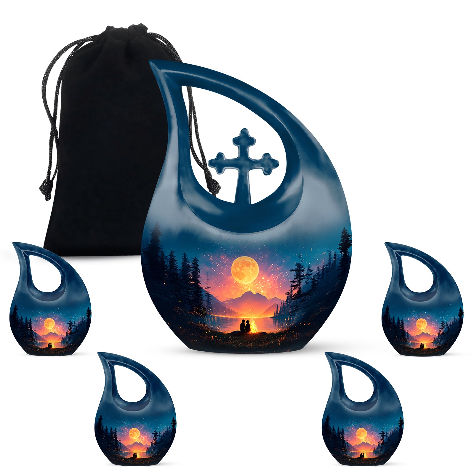 Dusty Blue Campfire Cremation Urn urn with complimentary velvet bag - sacred cross merged with campfire motif on metal - memorial set with one large and four small urns