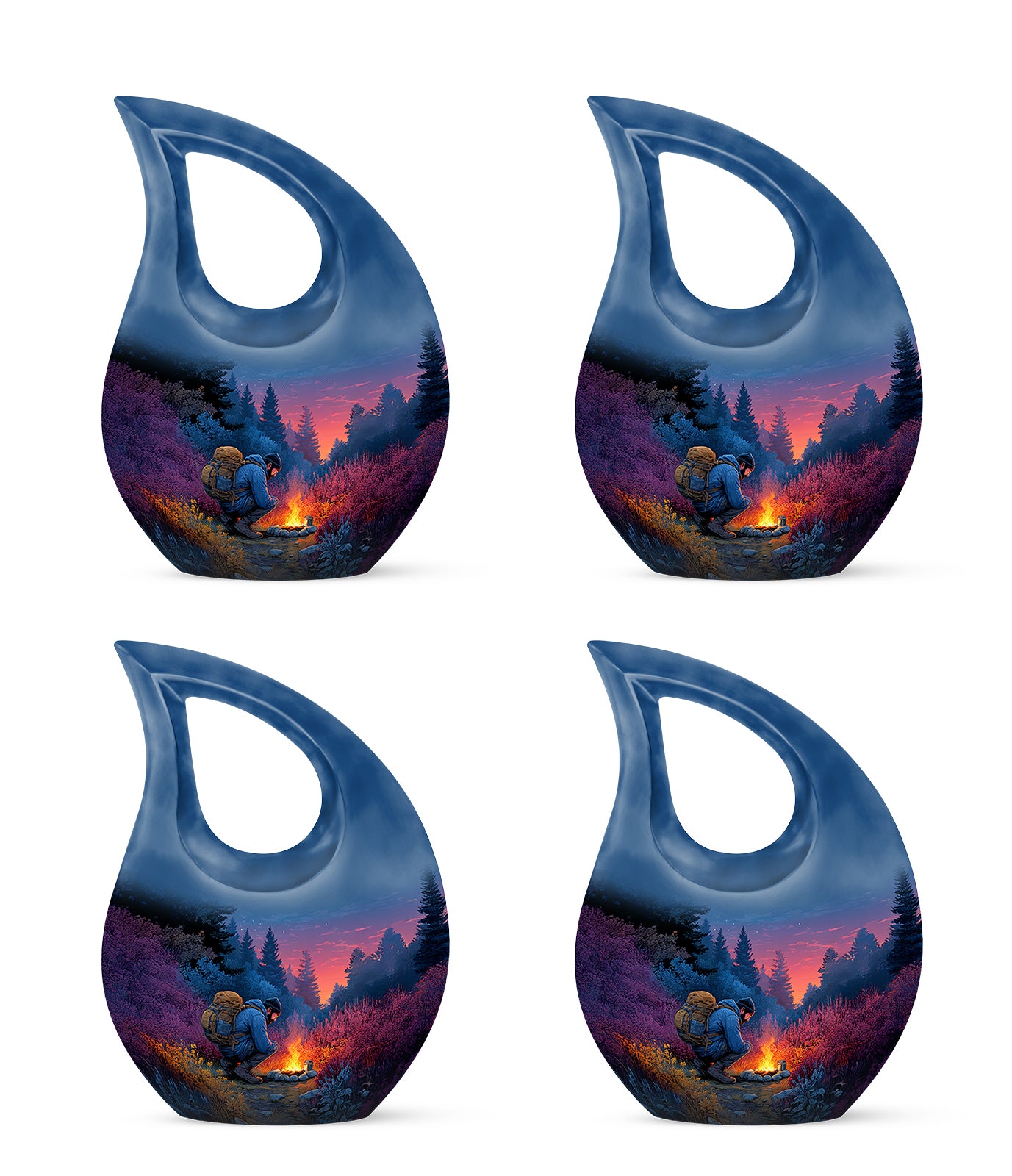 Indigo Campfire Cremation Urn lifestyle display on memorial shelf - sacred cross merged with campfire motif on metal - 10 inch aluminum urn for cremated remains